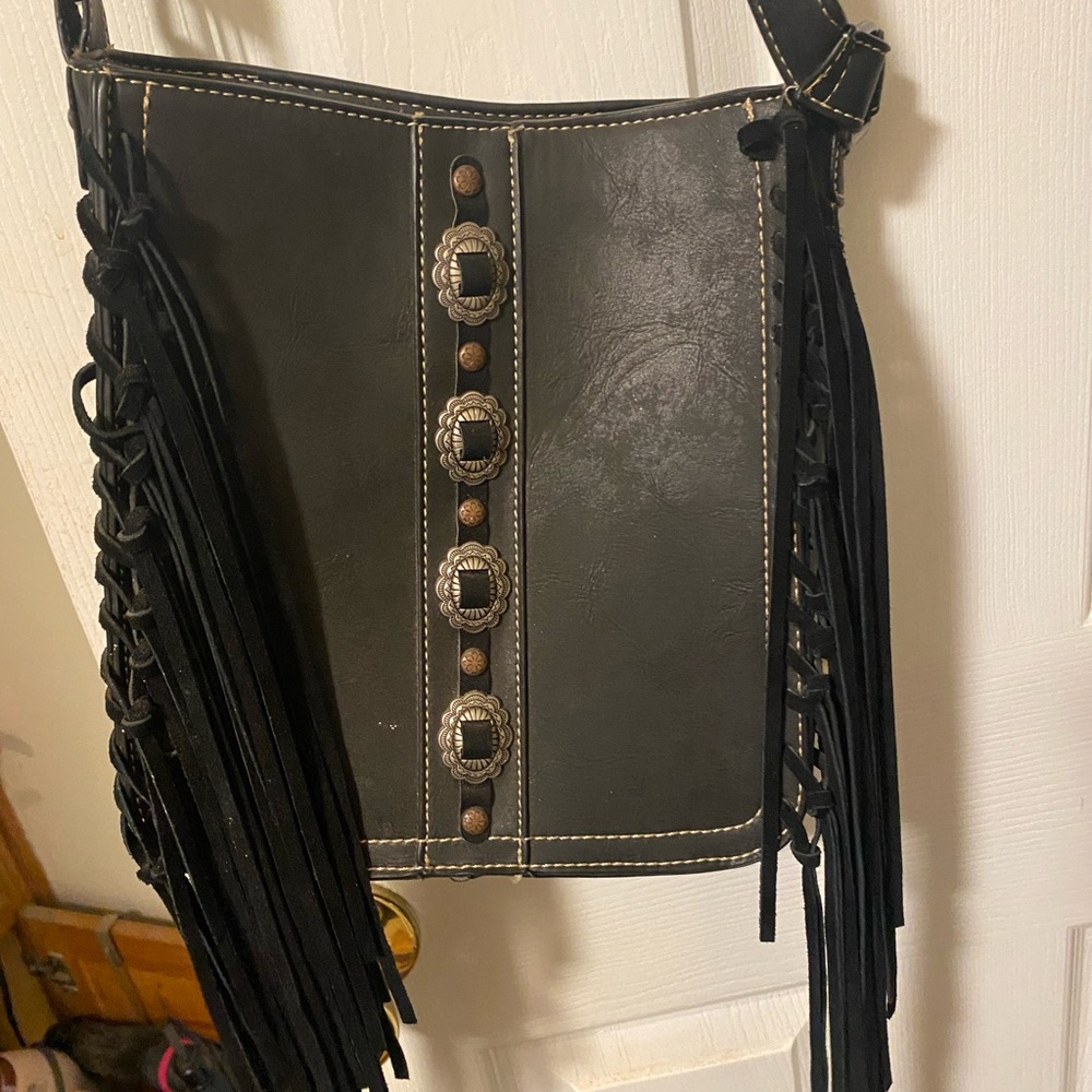 Black Fringe Leather Shoulder Bag